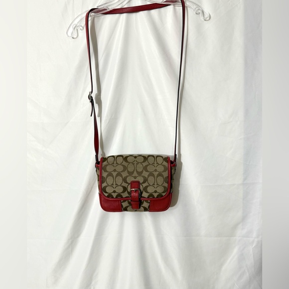 Authentic 2014 Coach Hadley Signature Field Crossbody Bag With Red Leather Trim - Picture 5 of 15